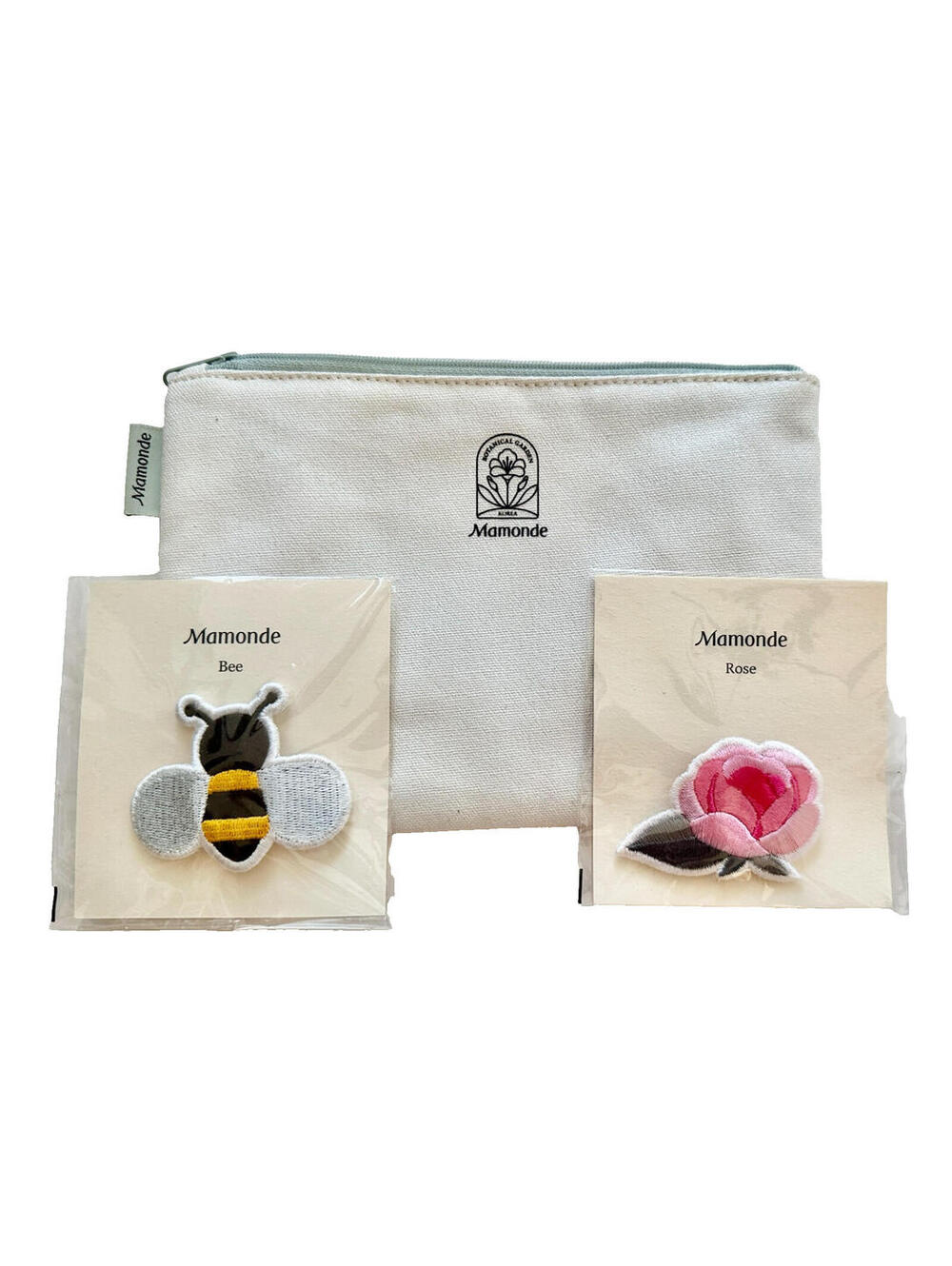 NWT Mamonde Pouch Badge Pin in Pink Rose Bumble Bee + White Makeup Case 6" x 8"